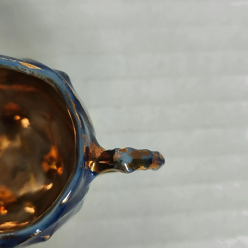 Miniature Ruffle Edge Tea Cup Saucer Blue Seaweed Yellow Gold Gilded Blowfish